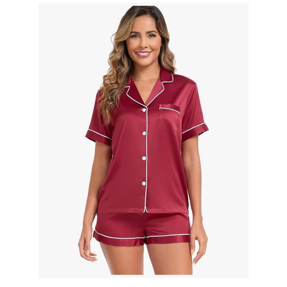 New Womens Satin‎ Pajama Set Short Sleeve Button Down Sleepwear Ruby Red XL
